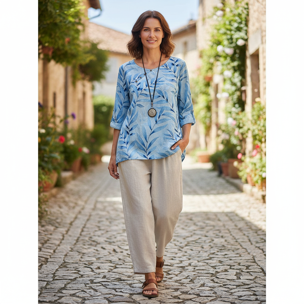 Latanya - Vrouwen Blouse met Blauwe Bladprint en Knoopdetail
