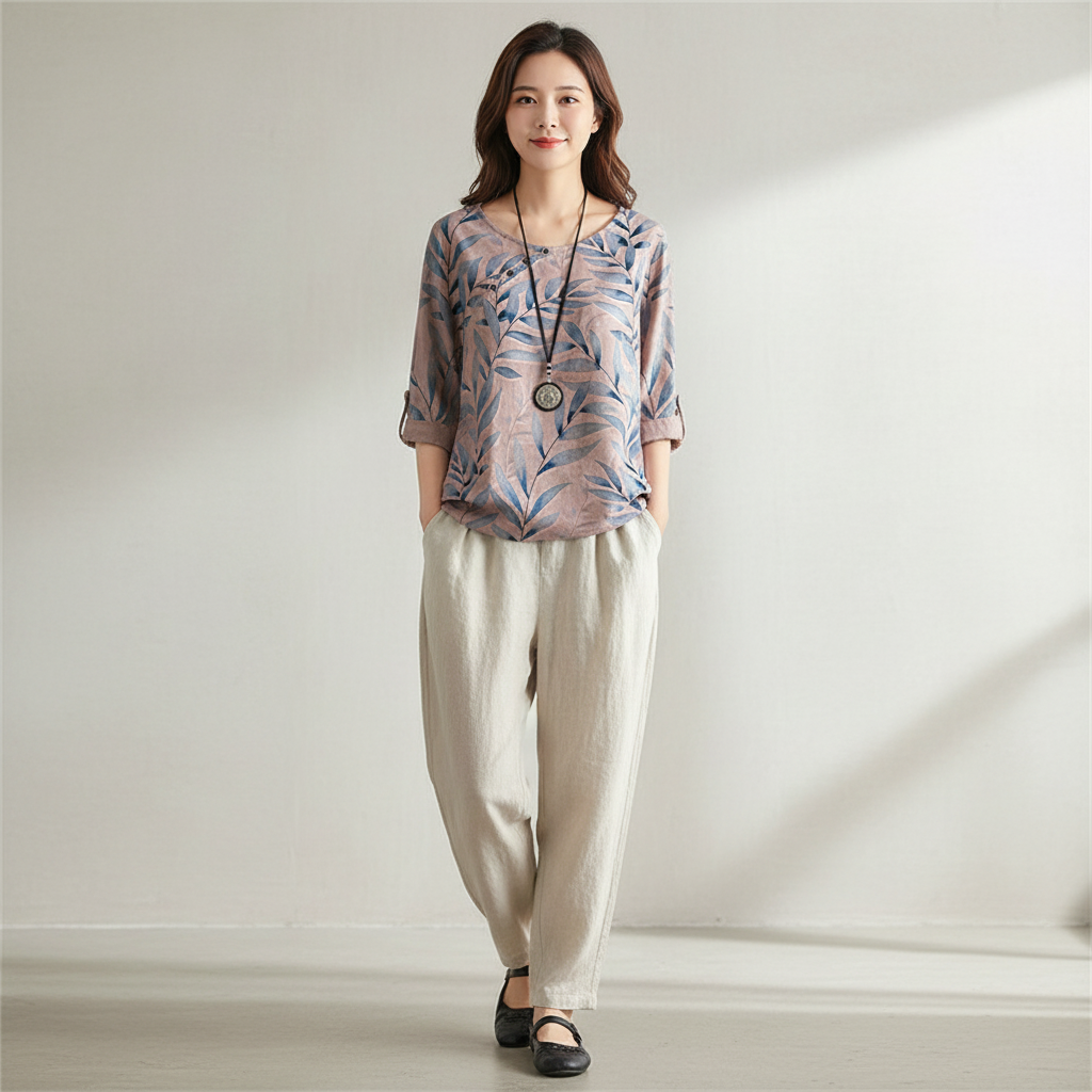 Latanya - Vrouwen Blouse met Blauwe Bladprint en Knoopdetail