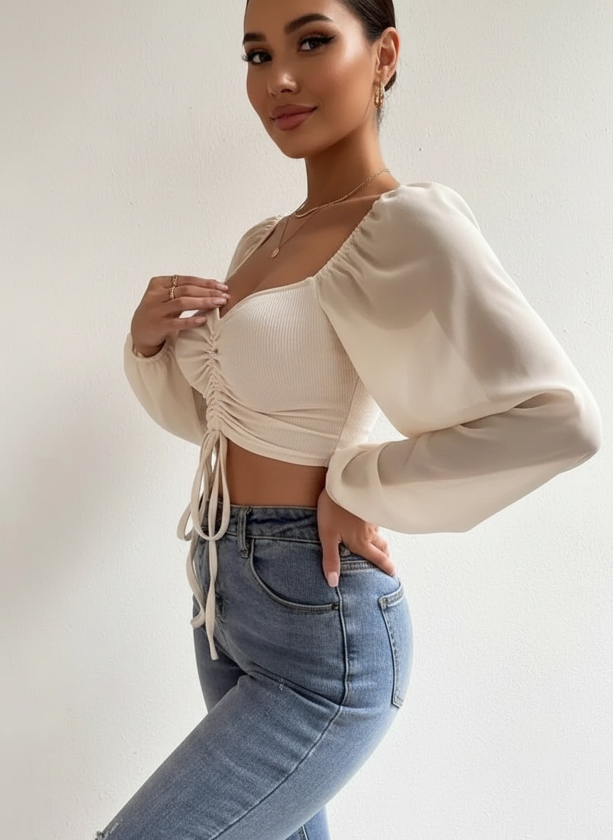 Lennon - Modieuze Dames Gecrunchte Voorkant & Transparante Mouwen Crop Top
