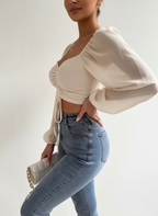 Lennon - Modieuze Dames Gecrunchte Voorkant & Transparante Mouwen Crop Top