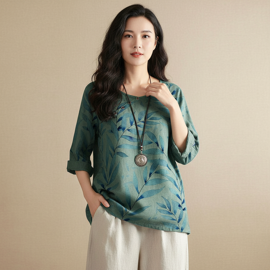 Latanya - Vrouwen Blouse met Blauwe Bladprint en Knoopdetail