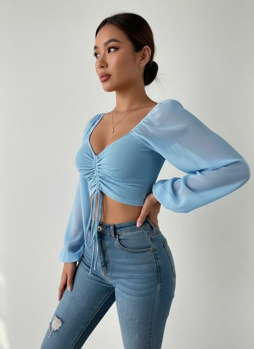 Lennon - Modieuze Dames Gecrunchte Voorkant & Transparante Mouwen Crop Top