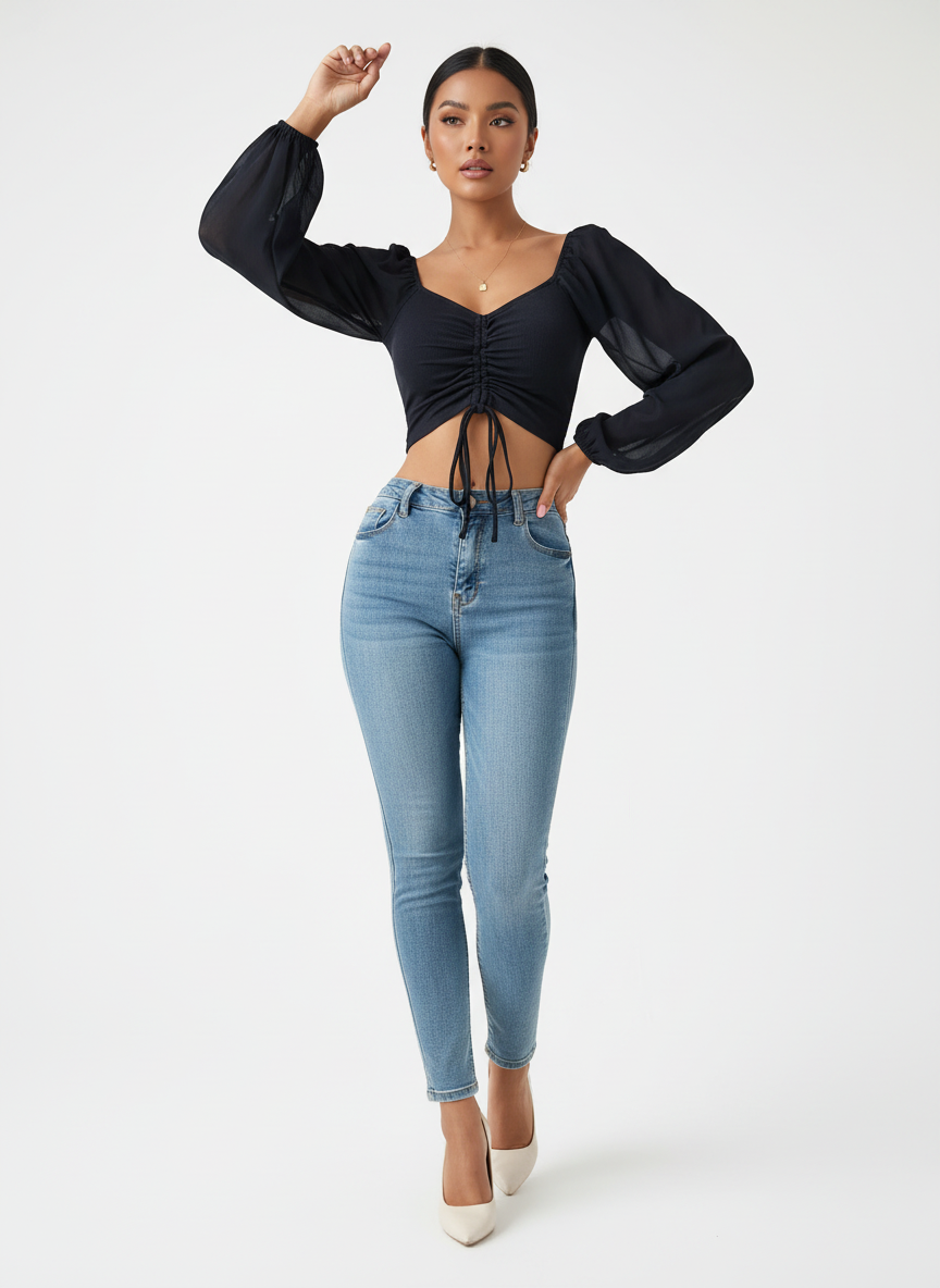 Lennon - Modieuze Dames Gecrunchte Voorkant & Transparante Mouwen Crop Top