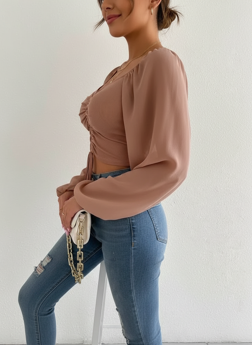 Lennon - Modieuze Dames Gecrunchte Voorkant & Transparante Mouwen Crop Top