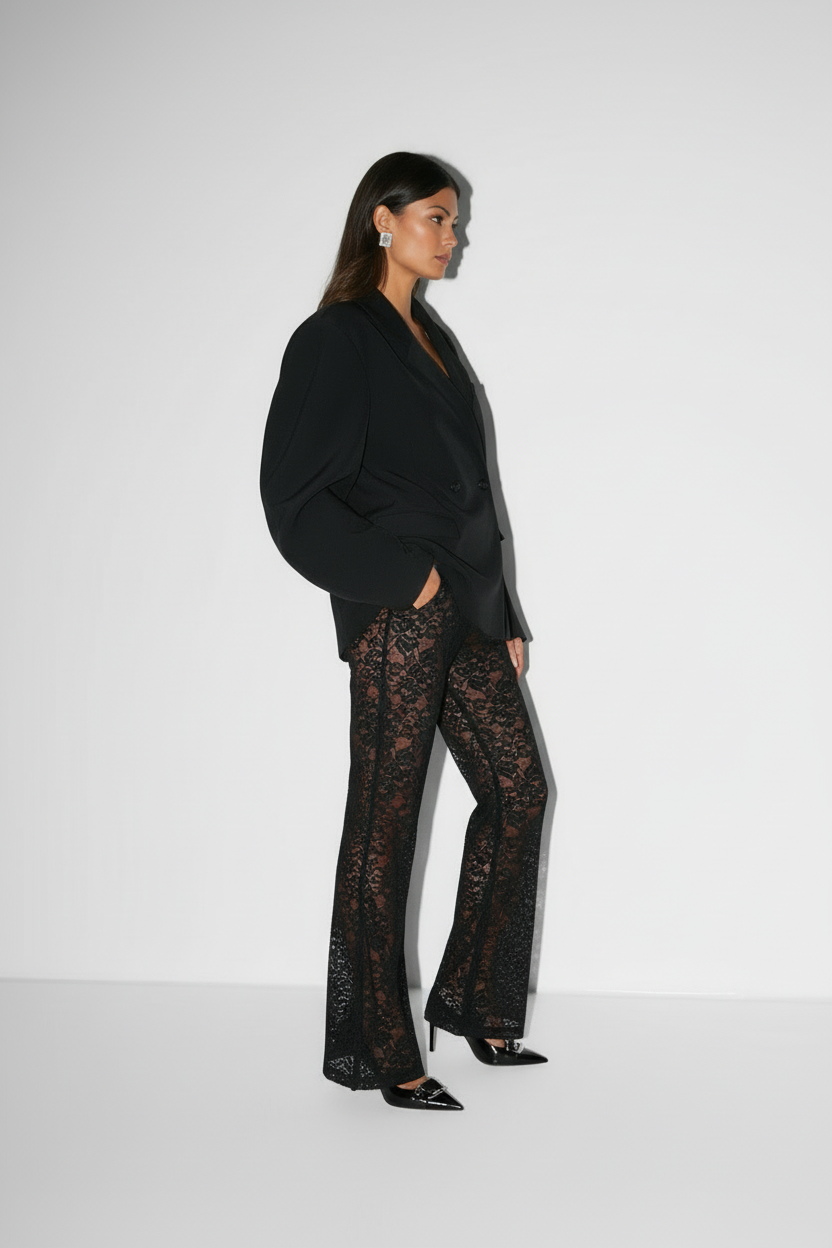 Rina - Modieuze Dames Transparante Bloemenkant Overlay Broek