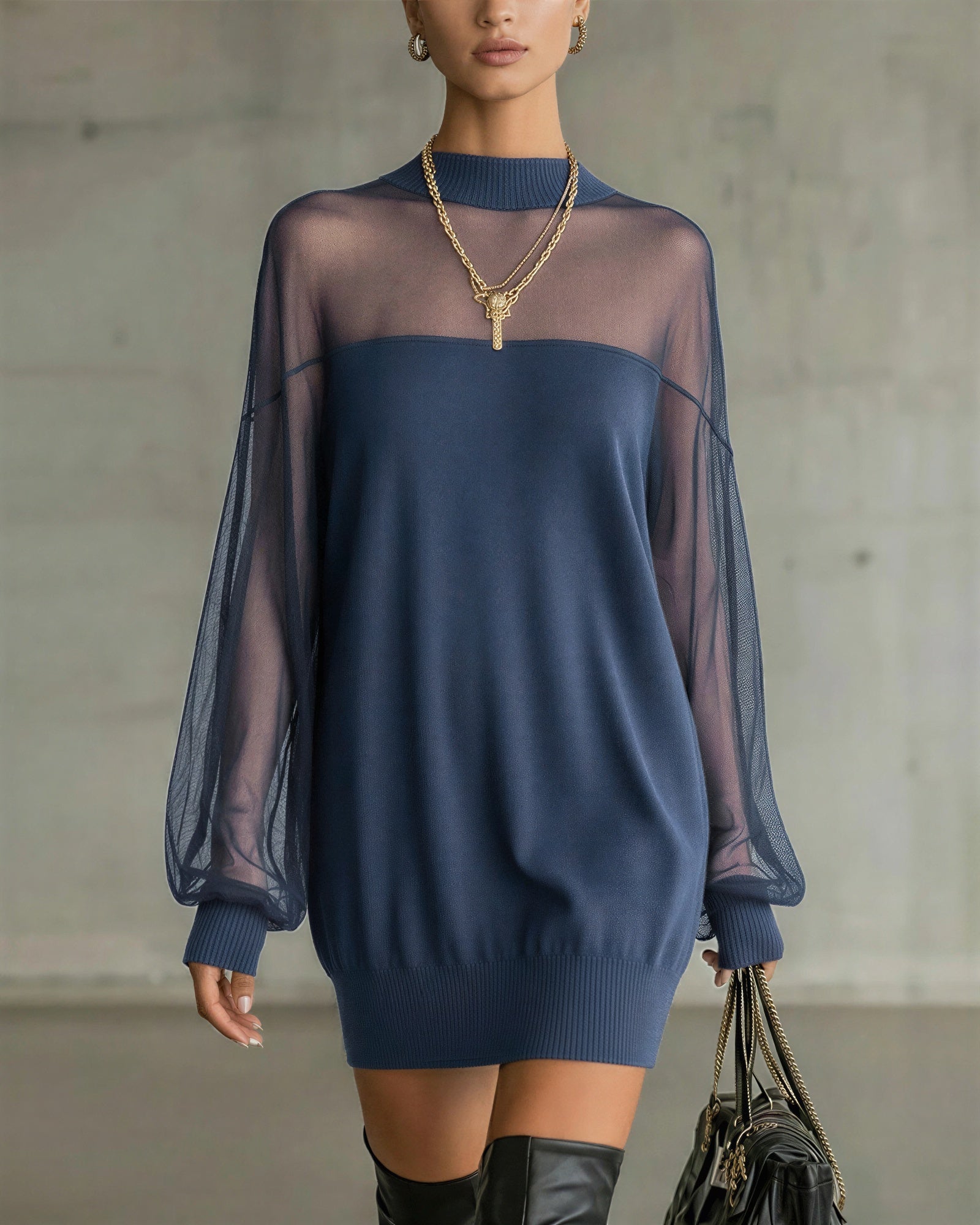Priscilla - Women Sheer long sleeves with a knit bodice Dress
