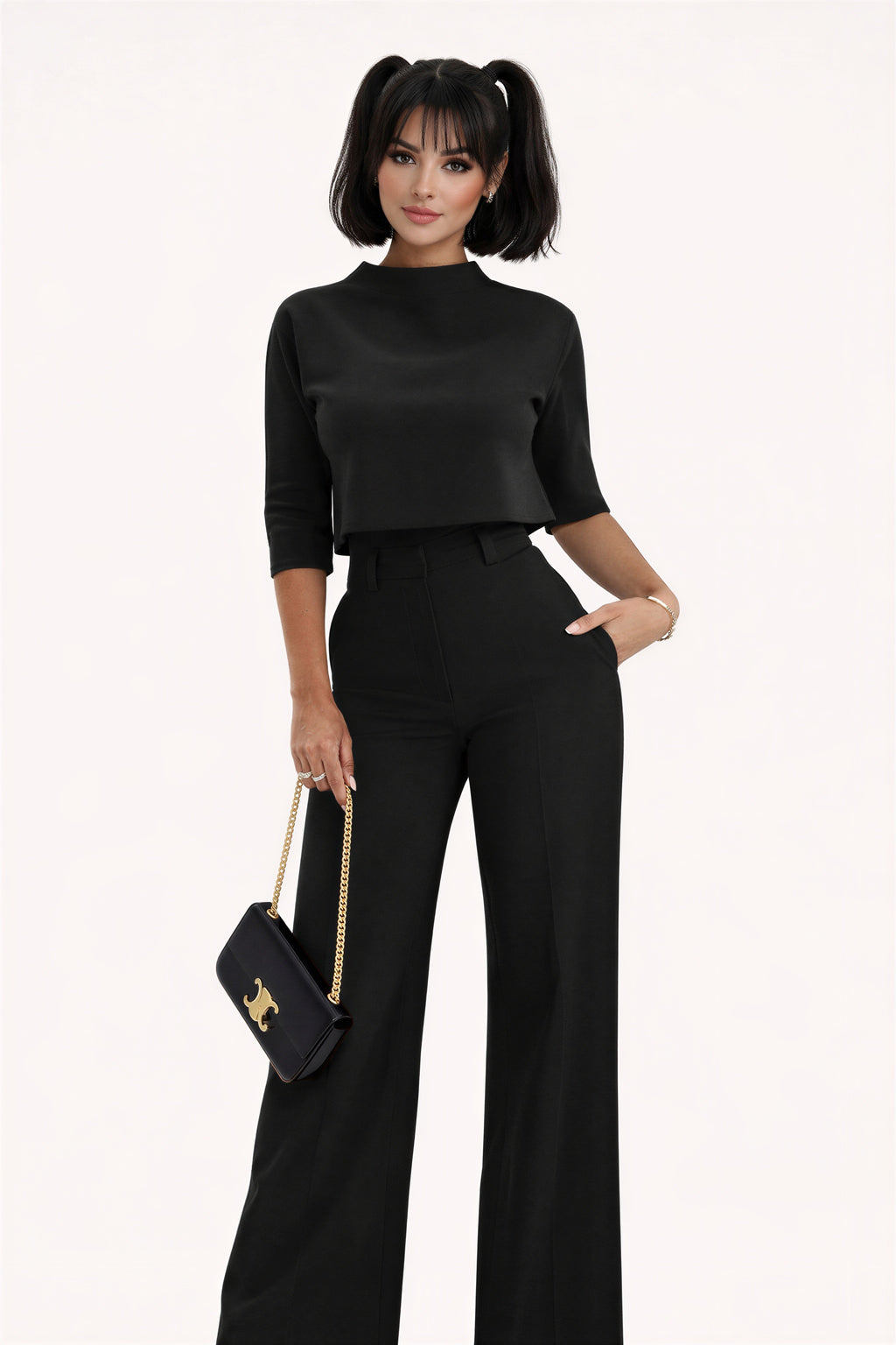 Astrid - Vrouwen high-waisted wijde broek met bijpassende mock‑neck top
