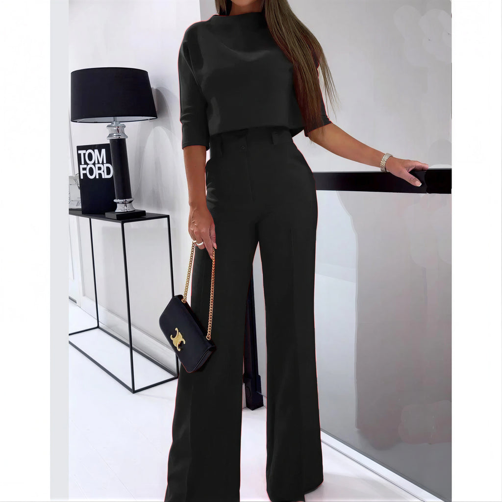 Astrid - Vrouwen high-waisted wijde broek met bijpassende mock‑neck top
