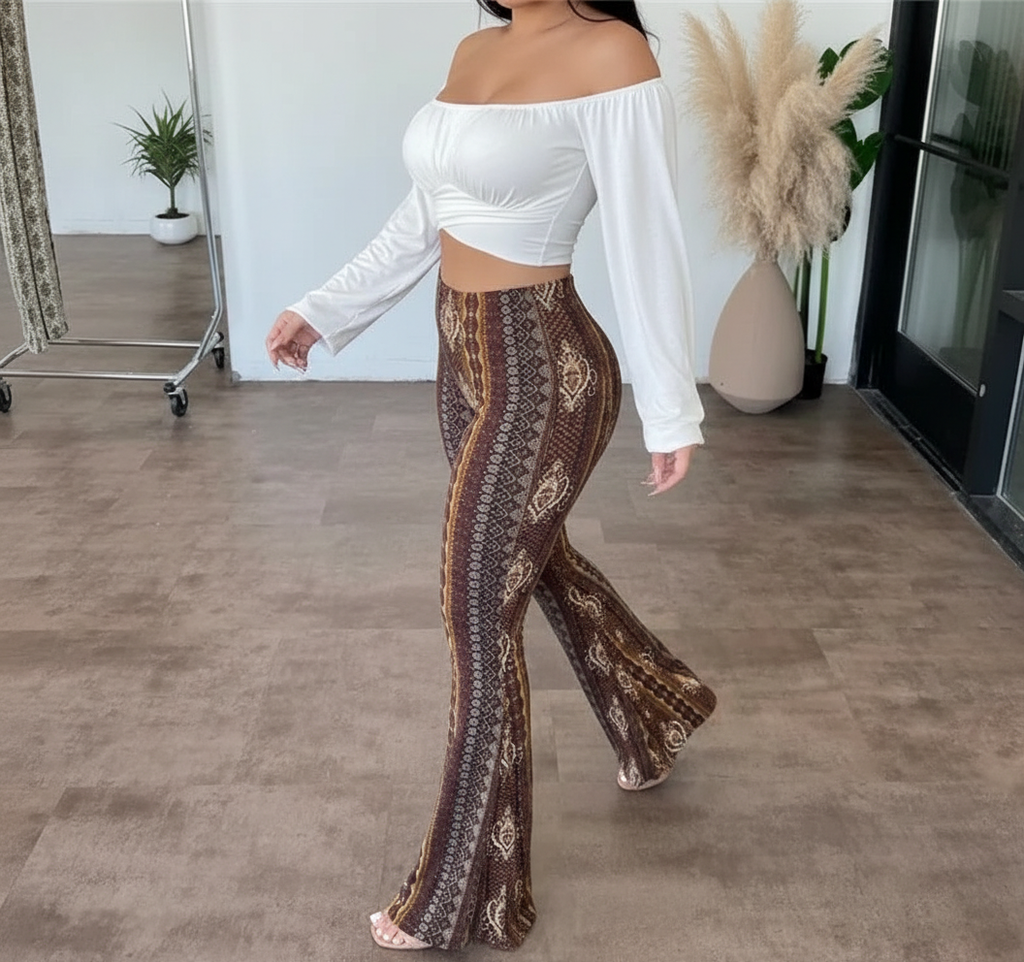 Daria - Women Bohemian Print and Flare Leg Flared Trousers