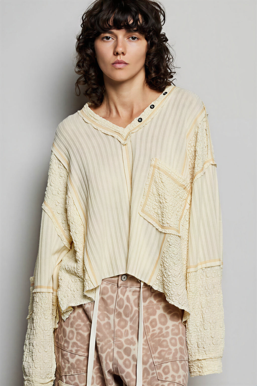 Jerrie - Women Mixed fabric textures with ribbed and boucle panels Top