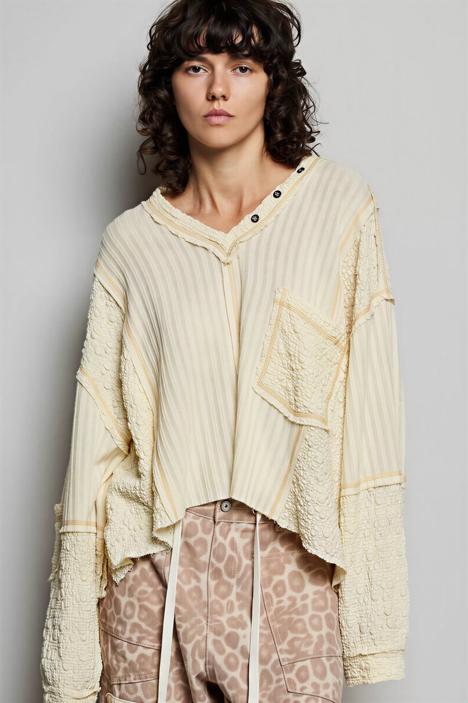 Jerrie - Women Mixed fabric textures with ribbed and boucle panels Top