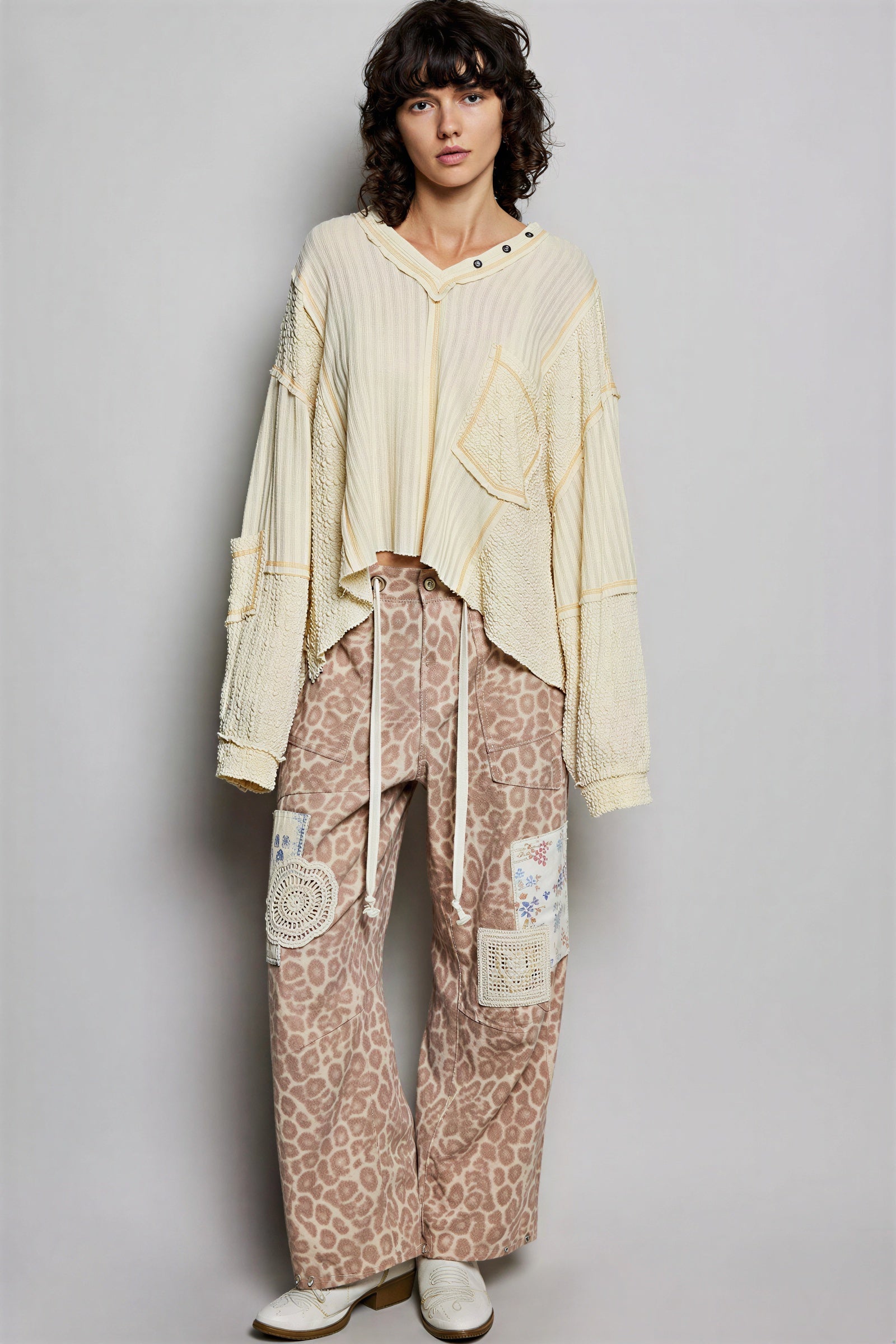 Jerrie - Women Mixed fabric textures with ribbed and boucle panels Top