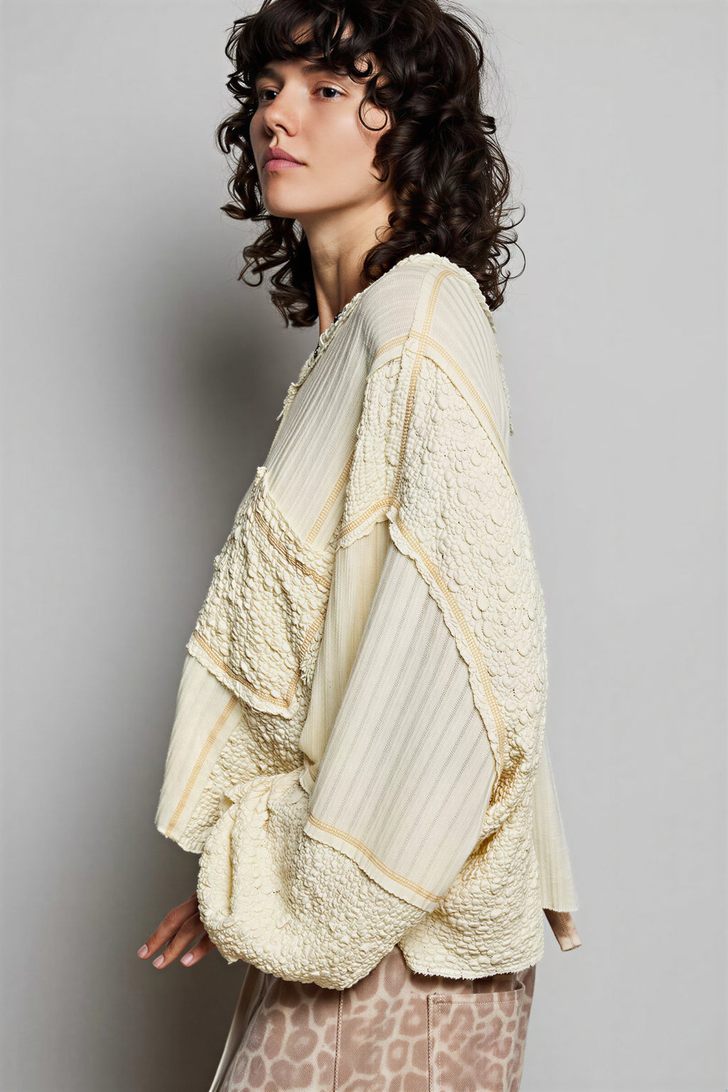 Jerrie - Women Mixed fabric textures with ribbed and boucle panels Top