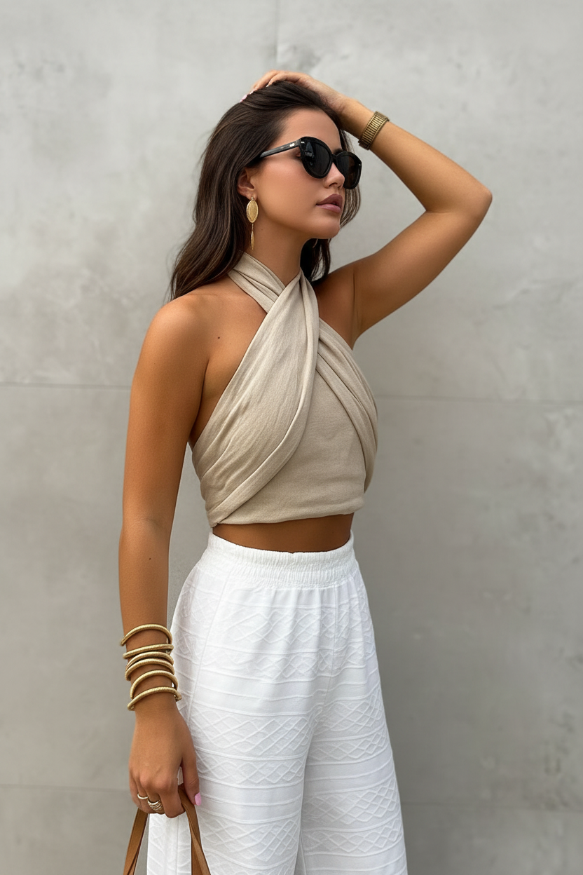 Haddie - Women Crossover halter & textured culottes Halter Crop Top