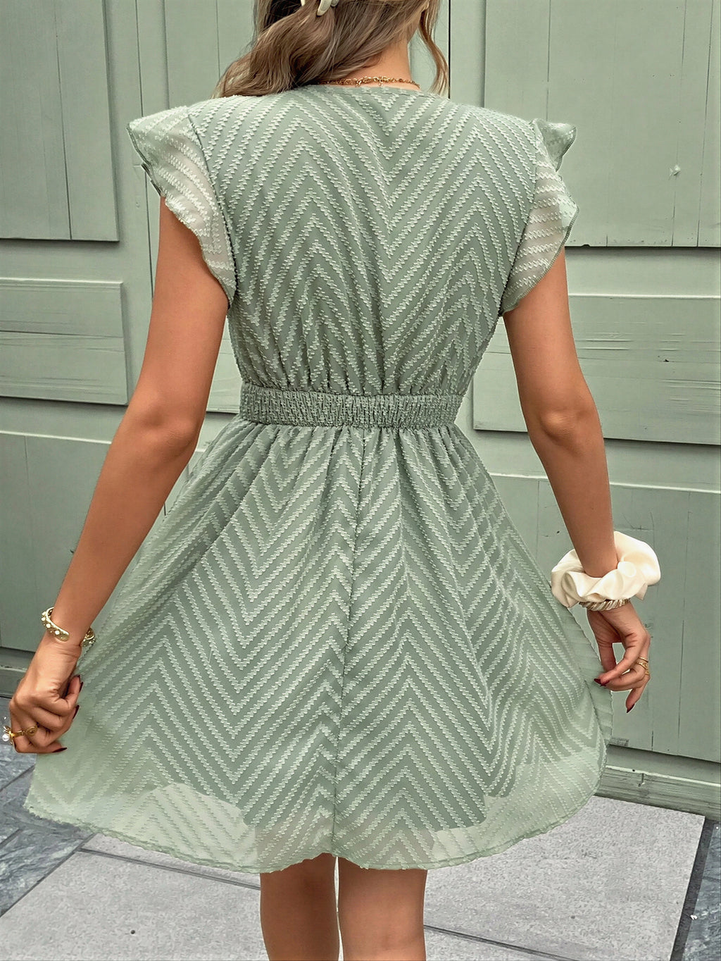 Lucie - Vrouwen Chevron gestructureerde stof met kantenrand detail jurk