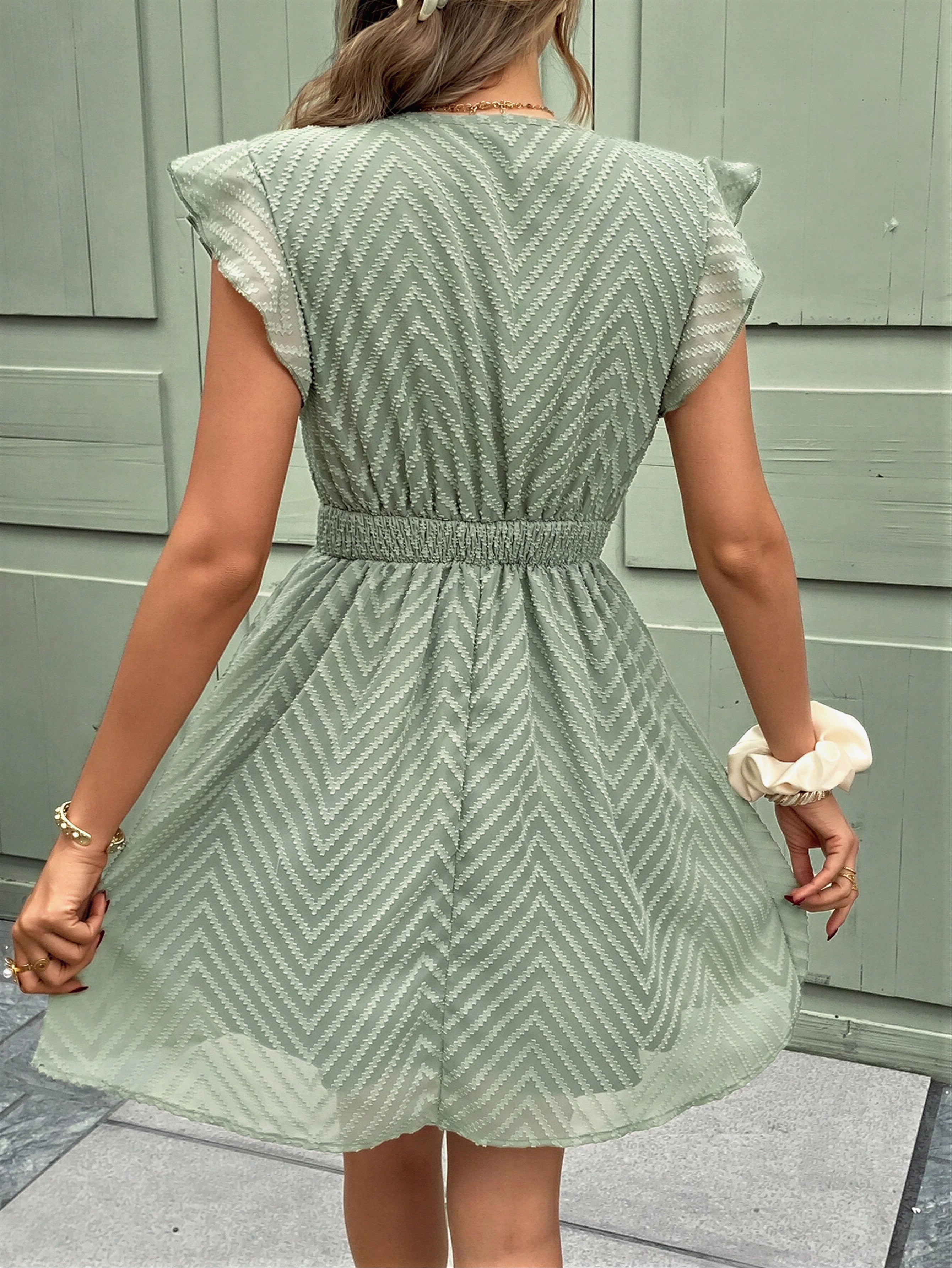 Lucie - Vrouwen Chevron gestructureerde stof met kantenrand detail jurk