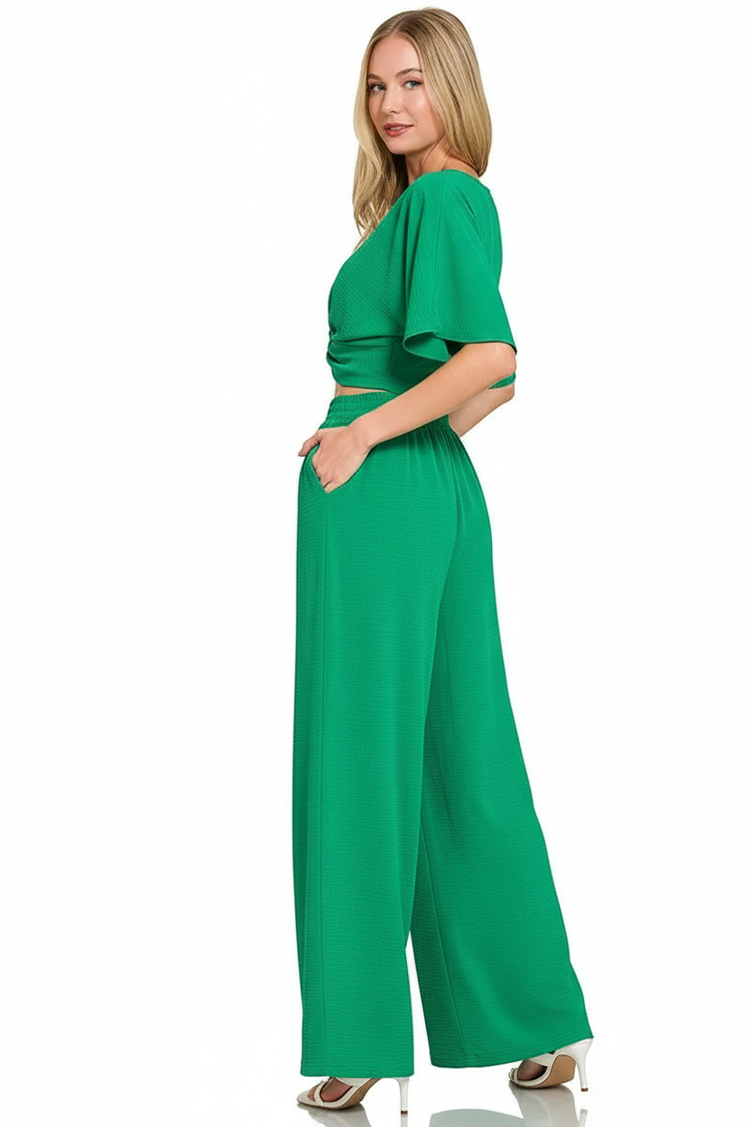 Siri - Vrouwen Gedraaide voorkant crop top en wijde broek Twee-delige set