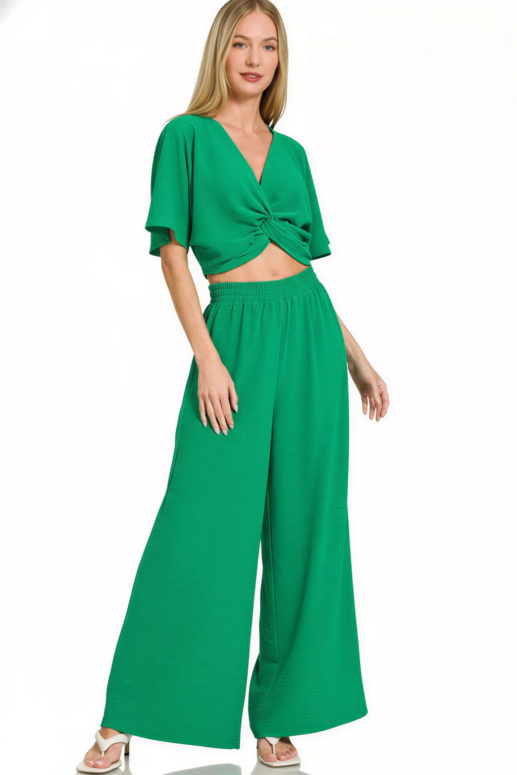 Siri - Vrouwen Gedraaide voorkant crop top en wijde broek Twee-delige set