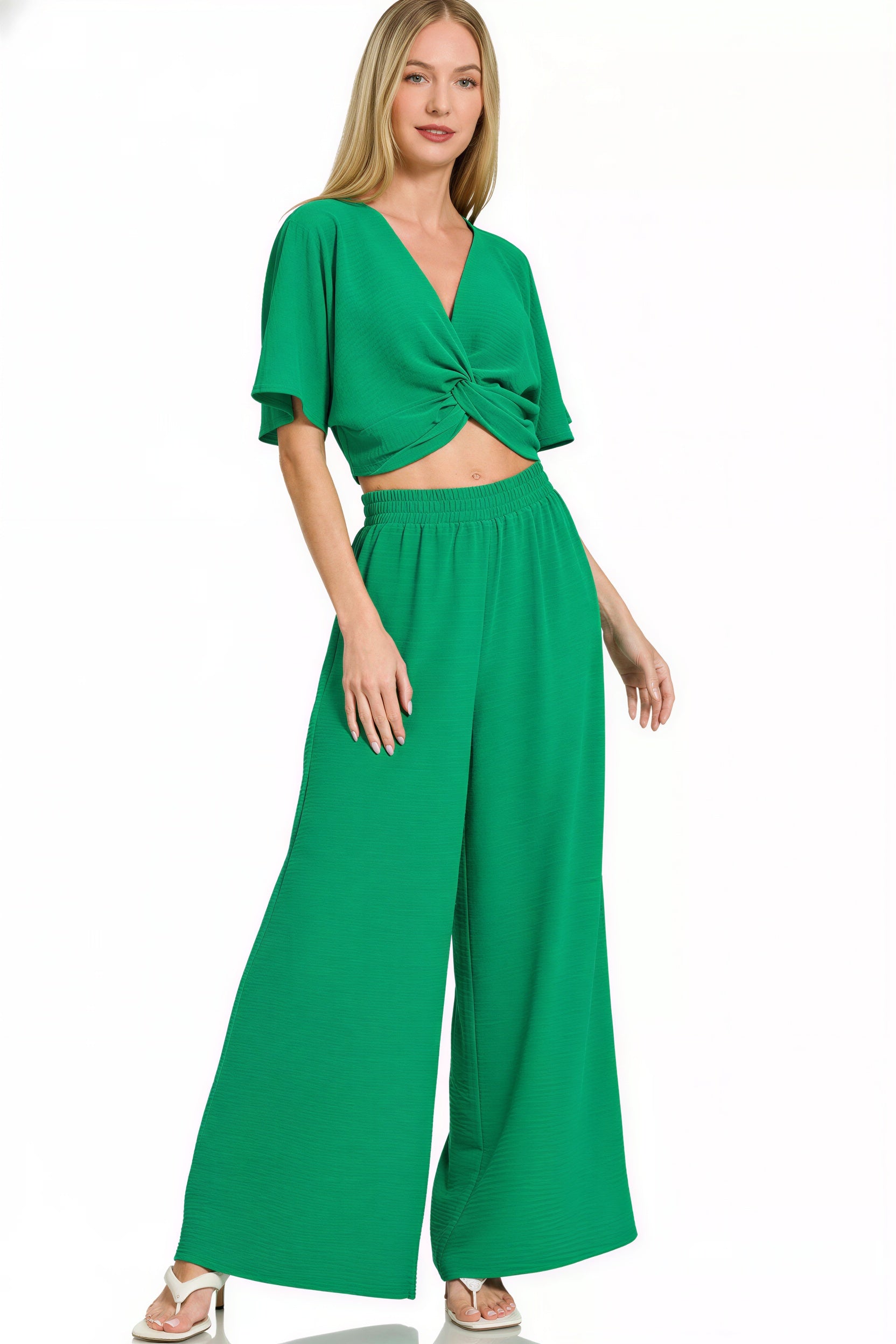 Siri - Vrouwen Gedraaide voorkant crop top en wijde broek Twee-delige set