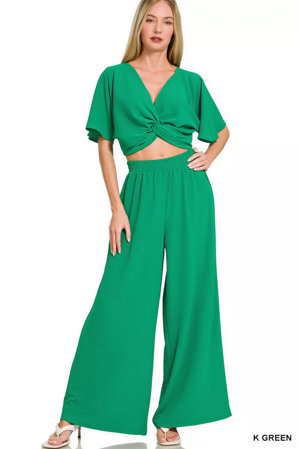 Siri - Vrouwen Gedraaide voorkant crop top en wijde broek Twee-delige set