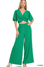 Siri - Vrouwen Gedraaide voorkant crop top en wijde broek Twee-delige set