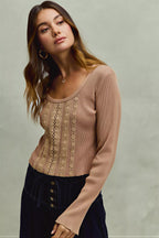 Jordana - Women Crocheted front panel with open-knit detailing Top