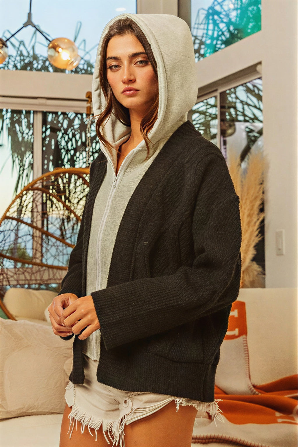 Monserrat - Dames Cable breisel met contrast kapuchon Cardigan