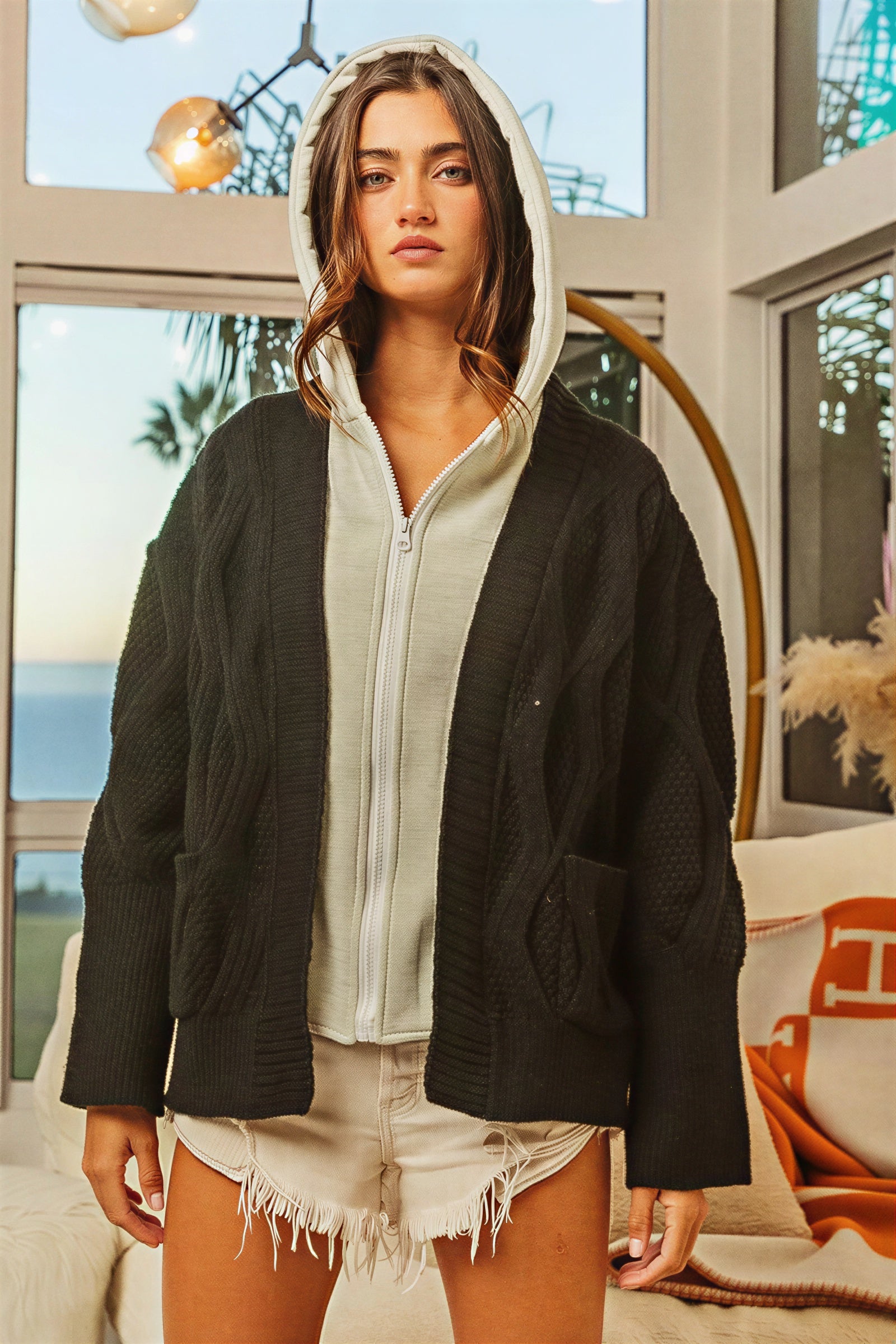 Monserrat - Dames Cable breisel met contrast kapuchon Cardigan