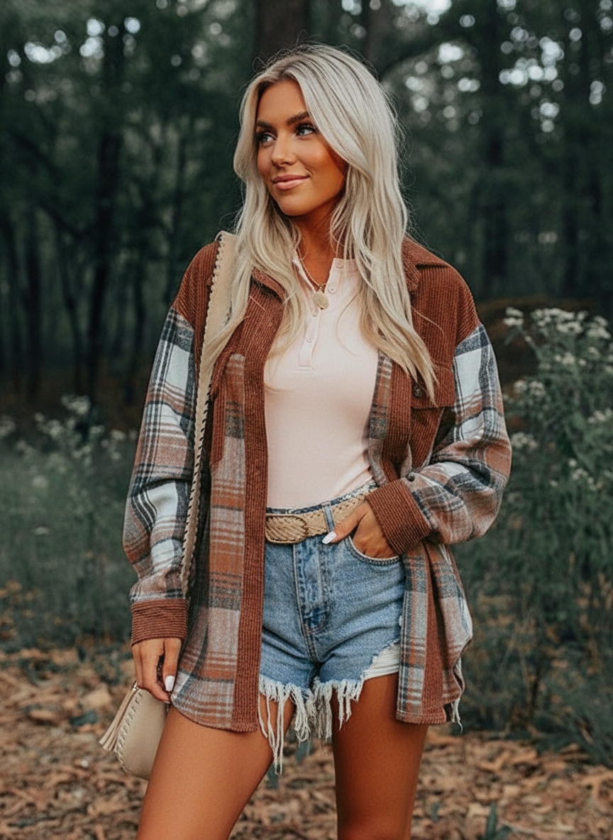 Edna - Women Color-block design with corduroy and plaid Shacket