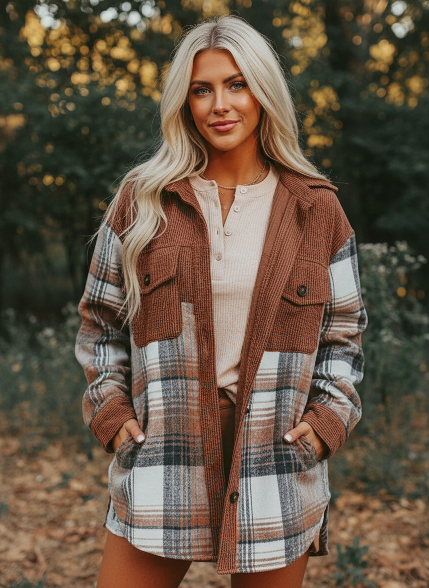 Edna - Women Color-block design with corduroy and plaid Shacket
