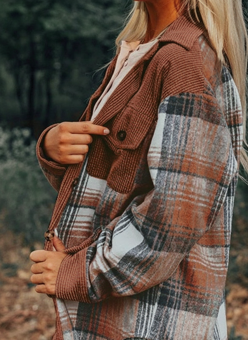Edna - Women Color-block design with corduroy and plaid Shacket