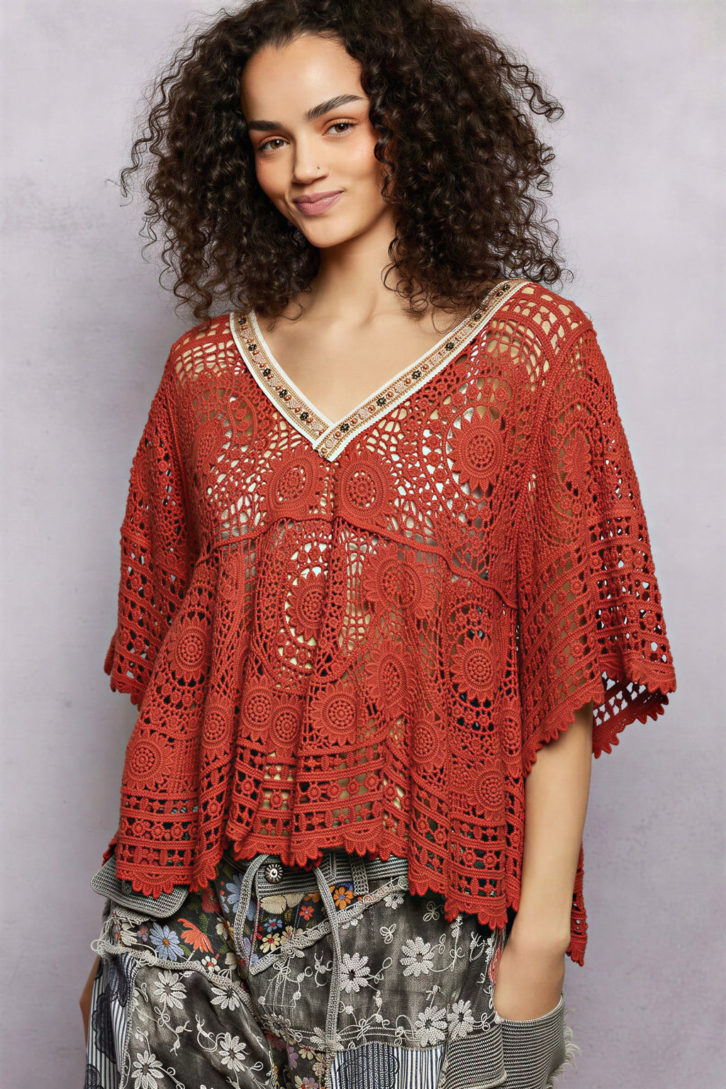 Tarsha - Vrouwen Intricate crochet knit met kralenrand Top