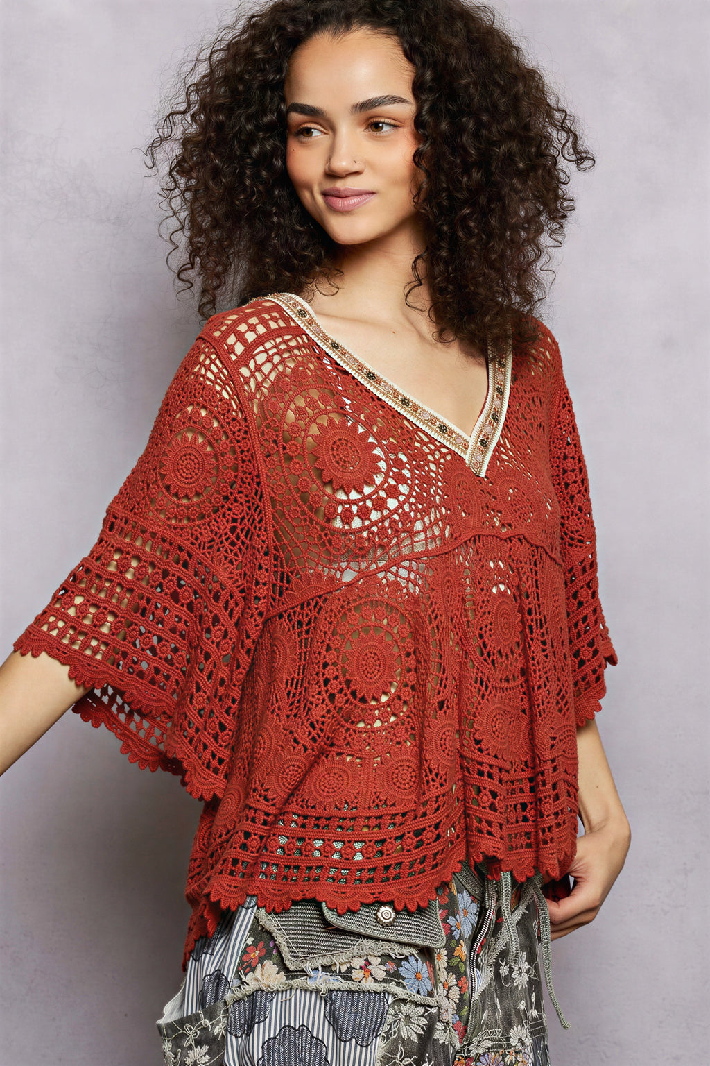 Tarsha - Vrouwen Intricate crochet knit met kralenrand Top