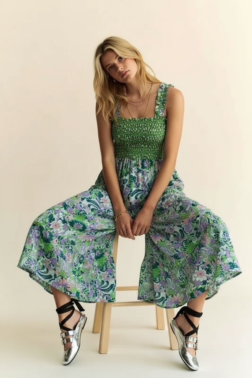 Tammara - Dames Gerimpelde Buste en Bloemenprint Maxi Jurk