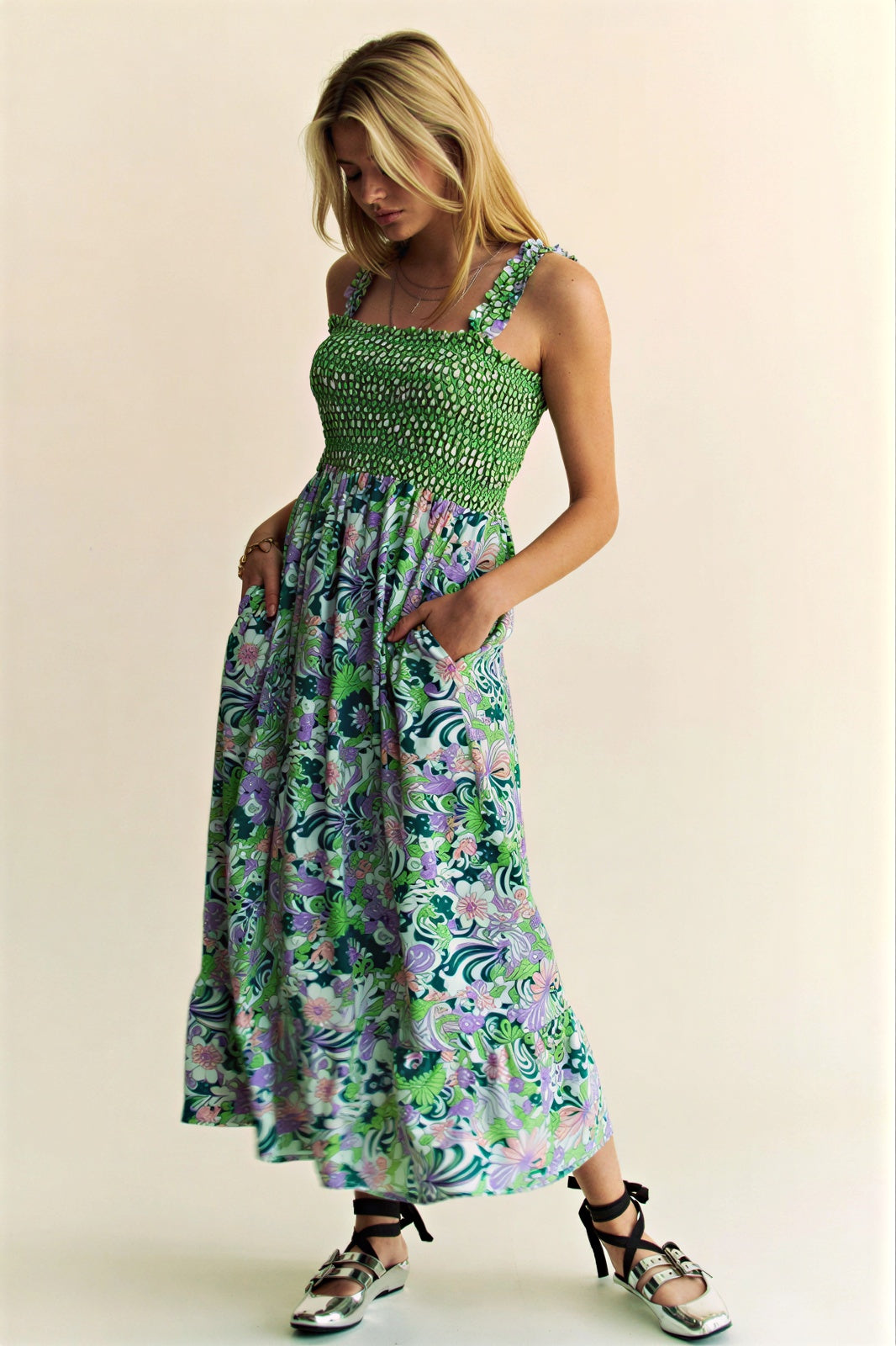 Tammara - Dames Gerimpelde Buste en Bloemenprint Maxi Jurk