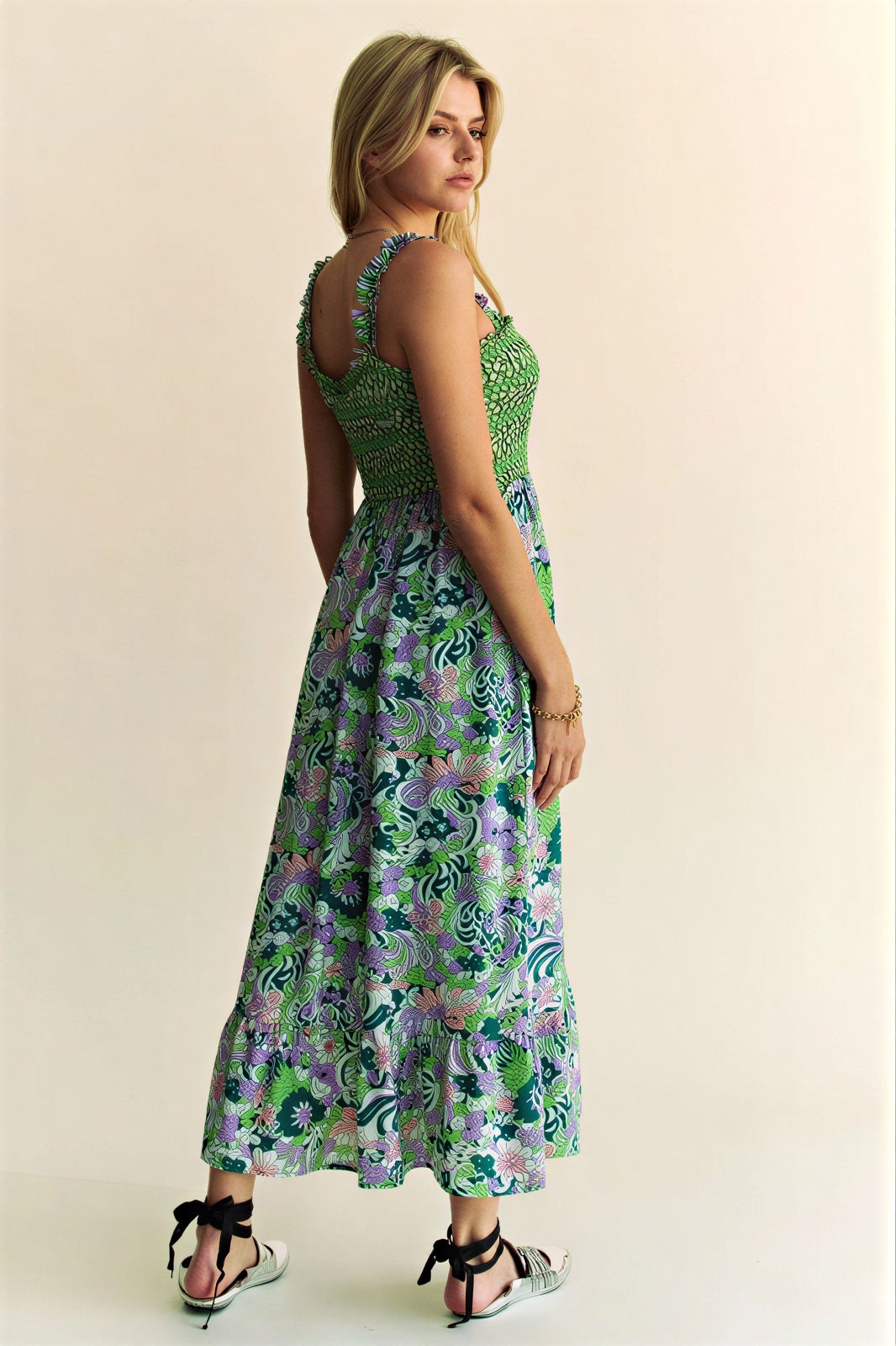 Tammara - Dames Gerimpelde Buste en Bloemenprint Maxi Jurk