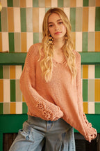 Estephanie - Women Textured V-neck and decorative cuff detail Sweater