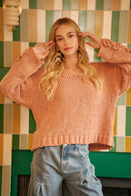 Estephanie - Women Textured V-neck and decorative cuff detail Sweater