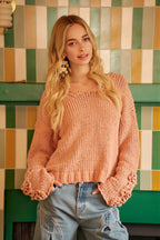Estephanie - Women Textured V-neck and decorative cuff detail Sweater