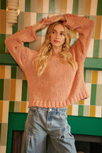 Estephanie - Women Textured V-neck and decorative cuff detail Sweater