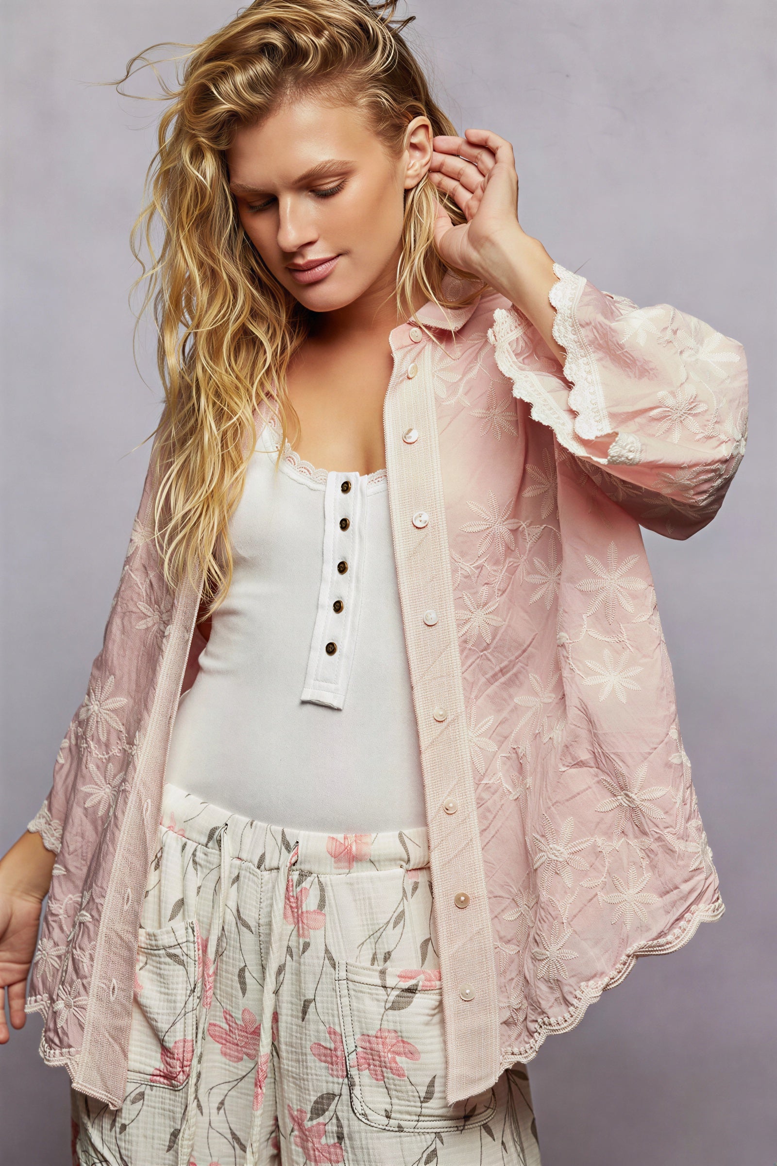 David -Women Floral embroidery and lace trim Shirt