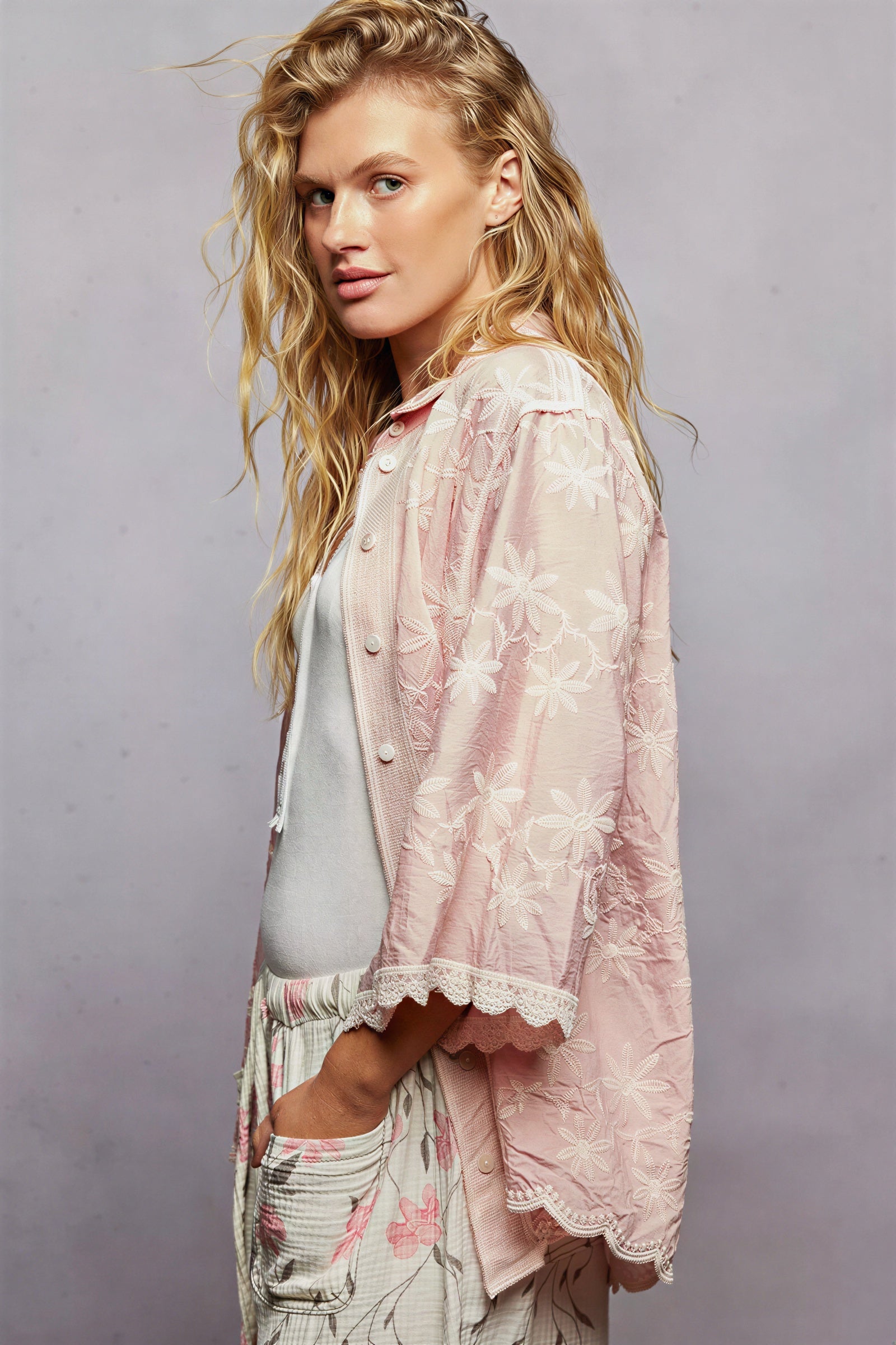 David -Women Floral embroidery and lace trim Shirt