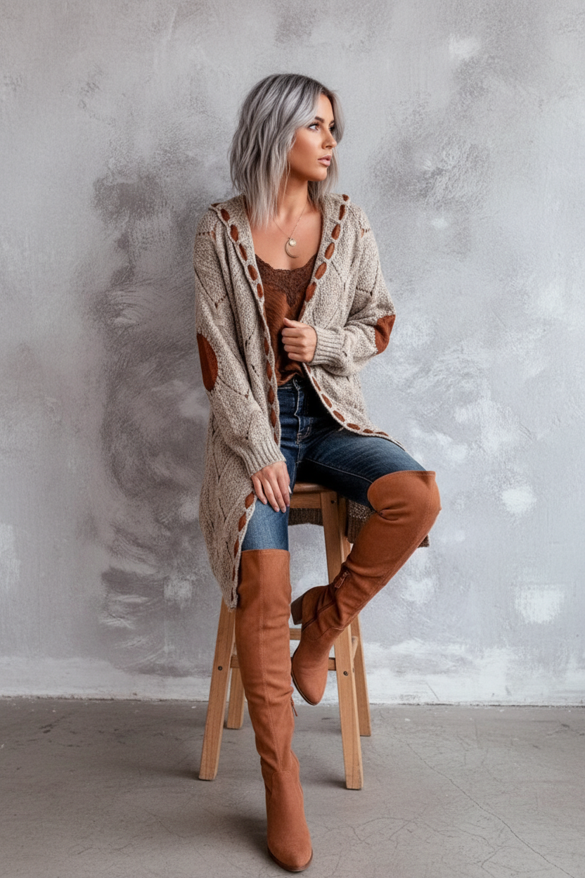 Helga - Vrouwen Diamantvormige uitsnijdingen en contrasterende elleboogpatches Cardigan