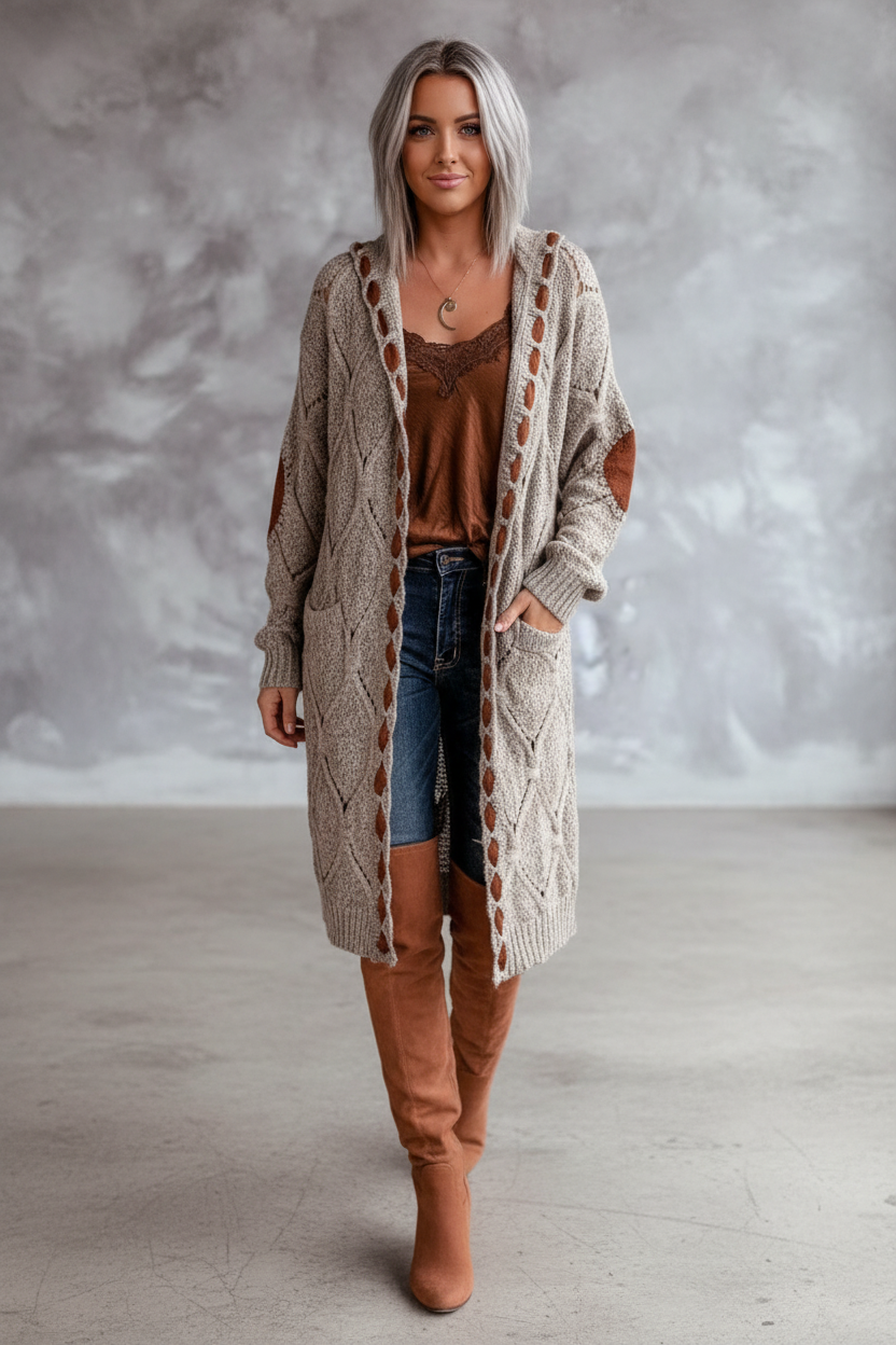 Helga - Vrouwen Diamantvormige uitsnijdingen en contrasterende elleboogpatches Cardigan