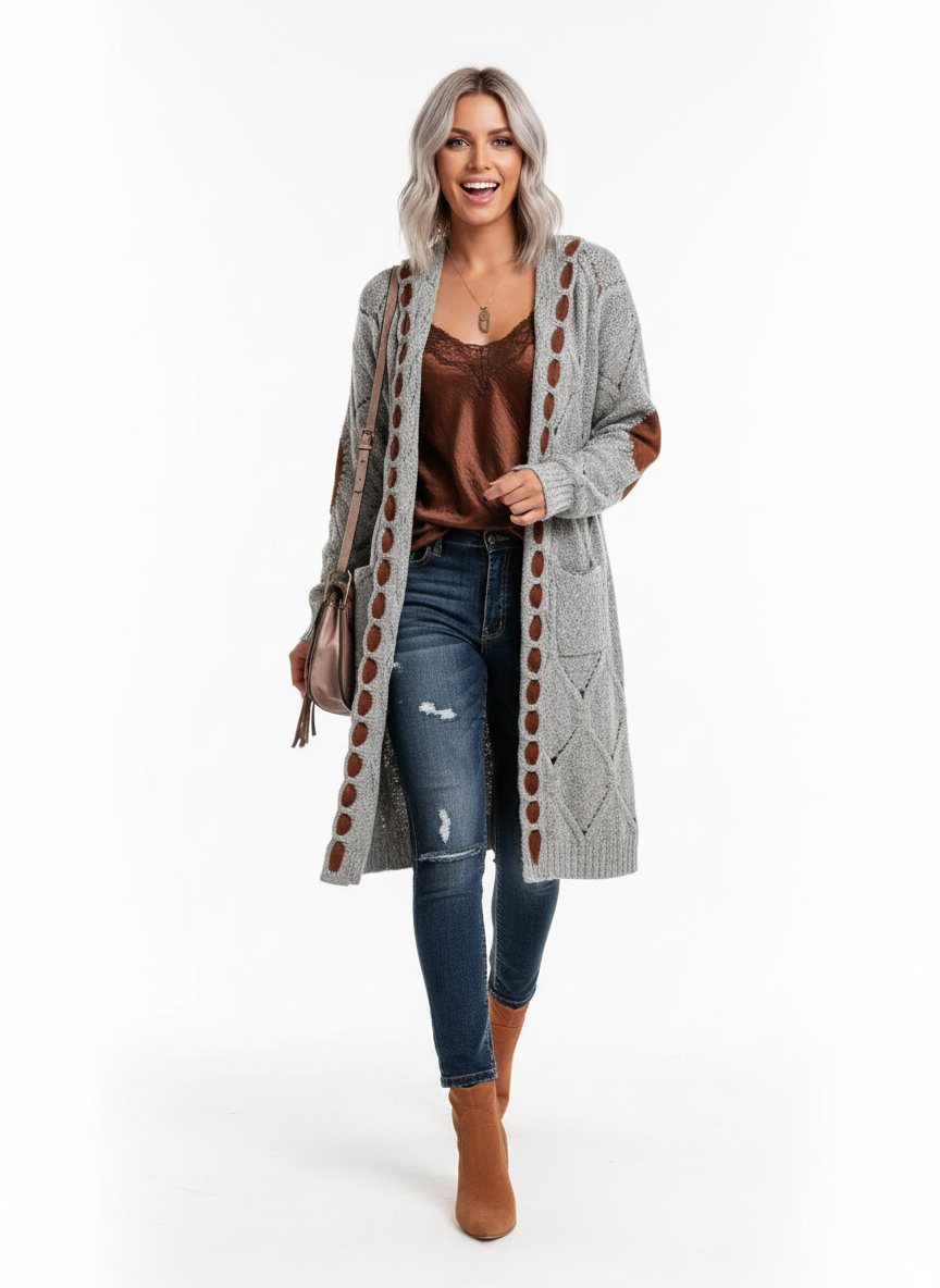 Helga - Vrouwen Diamantvormige uitsnijdingen en contrasterende elleboogpatches Cardigan