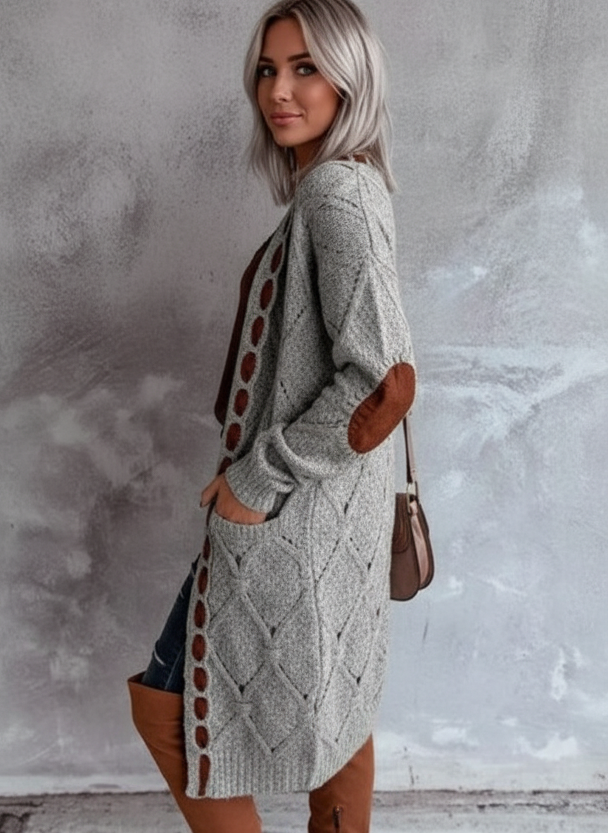 Helga - Vrouwen Diamantvormige uitsnijdingen en contrasterende elleboogpatches Cardigan