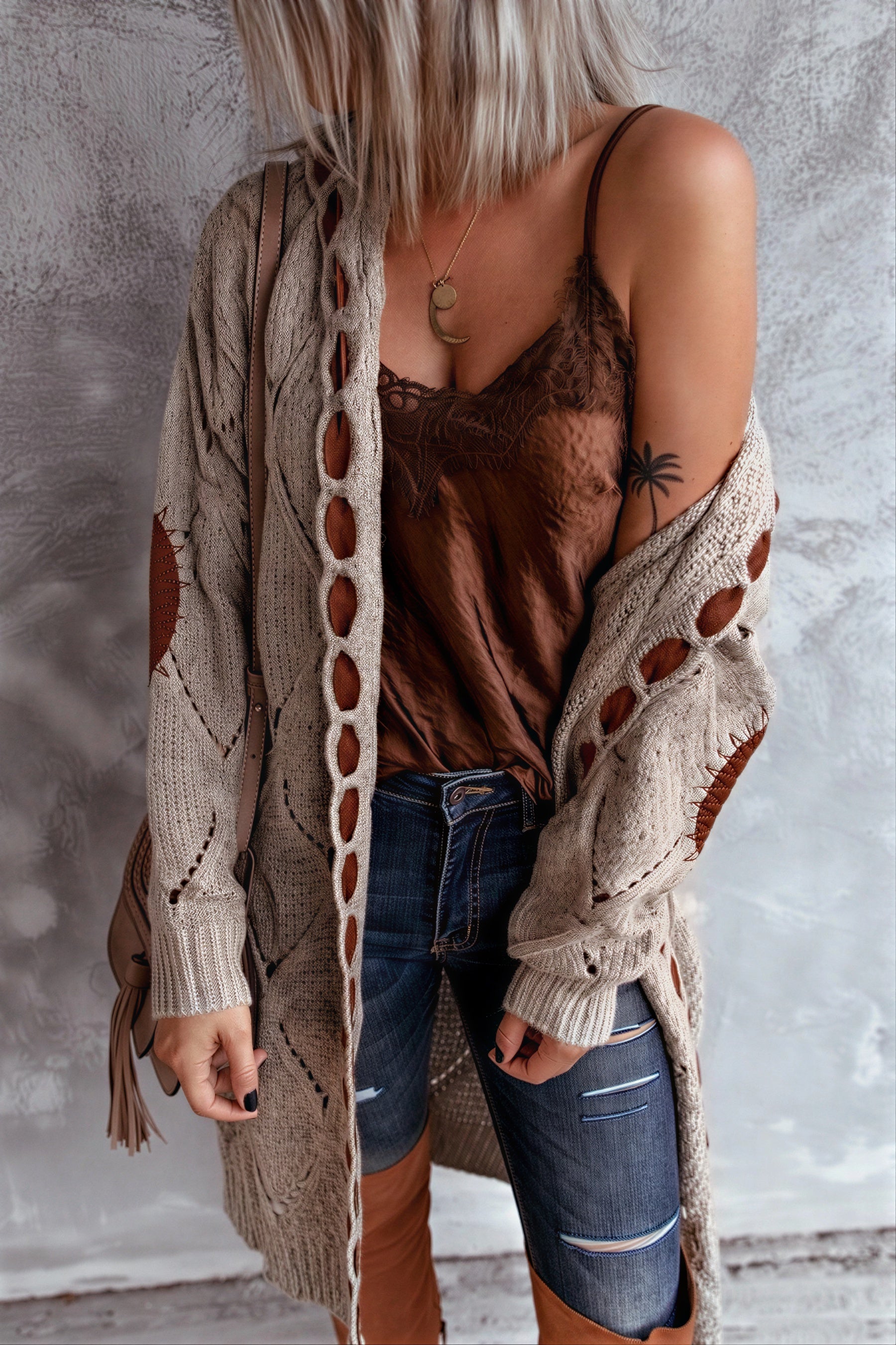 Helga - Vrouwen Diamantvormige uitsnijdingen en contrasterende elleboogpatches Cardigan