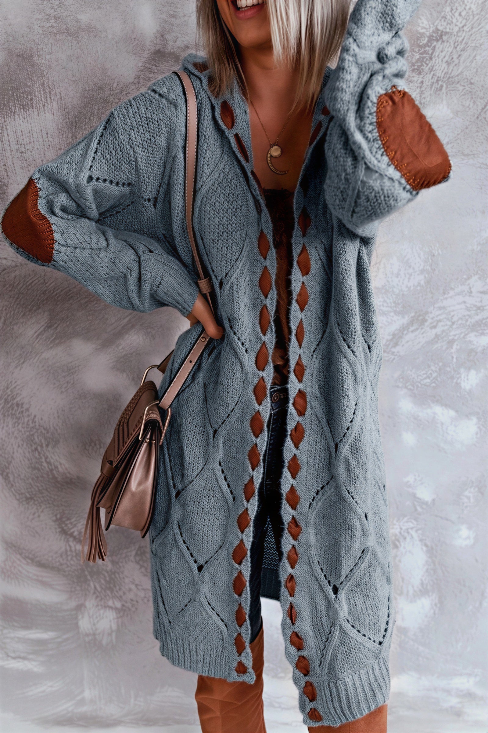 Helga - Vrouwen Diamantvormige uitsnijdingen en contrasterende elleboogpatches Cardigan