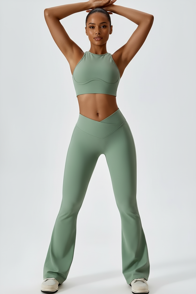 Jaslynn - Women V-waist flare leggings and ribbed texture Activewear Set