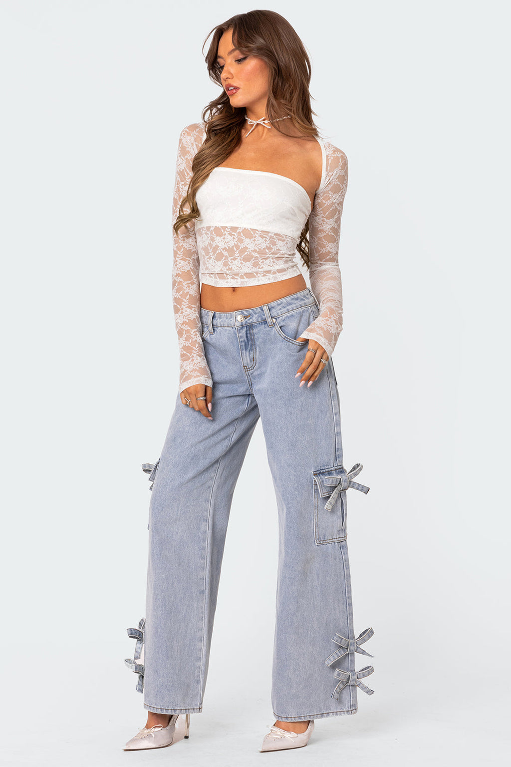 Edward - Dames Sheer kanten overlay met dramatische schouderuitsnijdingen Top